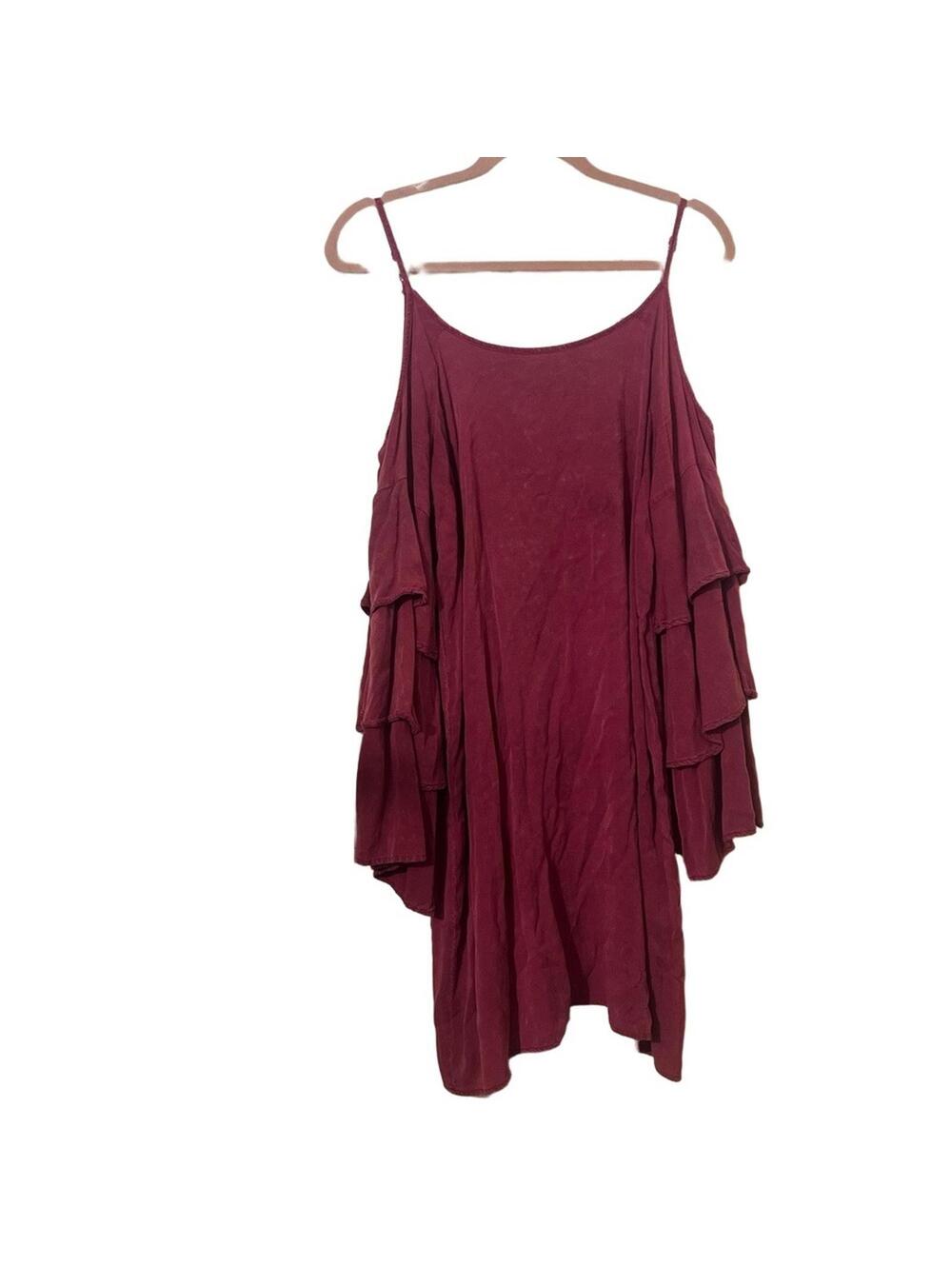 Umgee Mini Dress M Burgundy Cold Shoulder Ruffle Tiered Boho